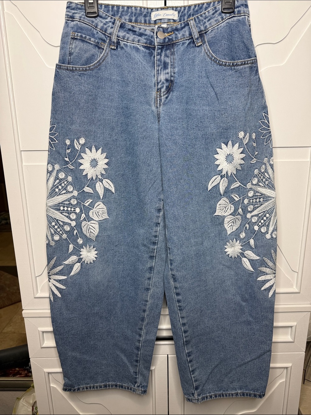 Blue Camelot Blue Denim Barrel Jeans with White Floral Embroidery